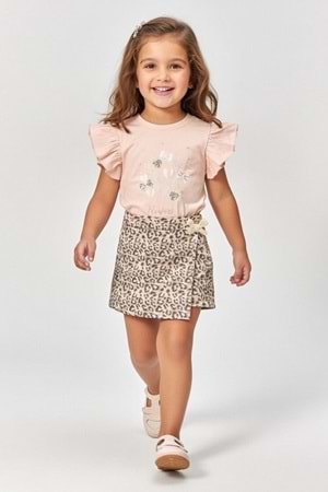 Kız Çocuk Leopar Şort Etek & Fırfırlı Tişört 2li Tarz Kombin M00801