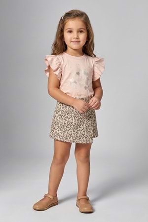 Kız Çocuk Leopar Şort Etek & Fırfırlı Tişört 2li Tarz Kombin M00801