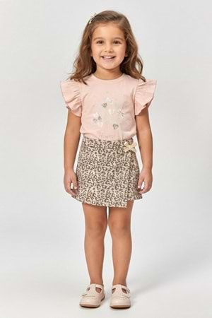 Kız Çocuk Leopar Şort Etek & Fırfırlı Tişört 2li Tarz Kombin M00801