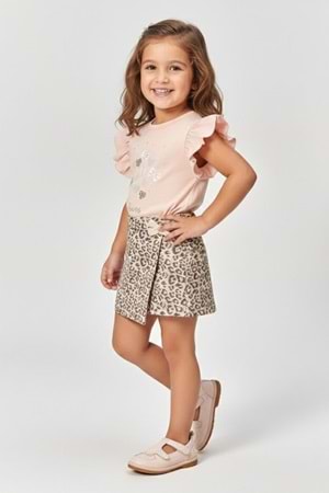 Kız Çocuk Leopar Şort Etek & Fırfırlı Tişört 2li Tarz Kombin M00801