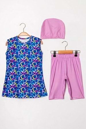 Kız Çocuk Desenli Mayo Takımı - Bone ve Şort Dahil Üçlü Deniz ve Havuz Mayosu M00814