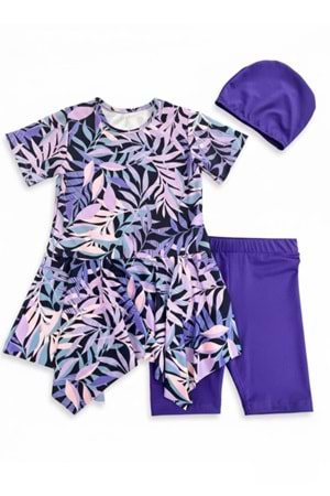 Kız Çocuk Desenli Mayo Takımı - Bone ve Şort Dahil Üçlü Deniz ve Havuz Mayosu M00814