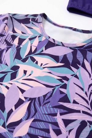 Kız Çocuk Desenli Mayo Takımı - Bone ve Şort Dahil Üçlü Deniz ve Havuz Mayosu M00814