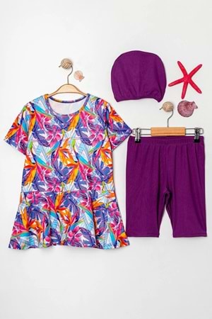 Kız Çocuk Desenli Mayo Takımı - Bone ve Şort Dahil Üçlü Deniz ve Havuz Mayosu M00814