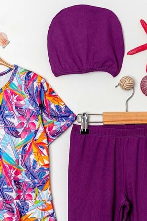 Kız Çocuk Desenli Mayo Takımı - Bone ve Şort Dahil Üçlü Deniz ve Havuz Mayosu M00814