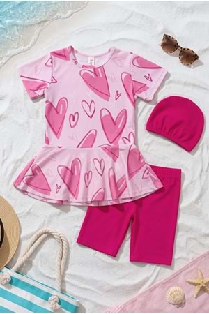 Kız Çocuk Desenli Mayo Takımı - Bone ve Şort Dahil Üçlü Deniz ve Havuz Mayosu M00814