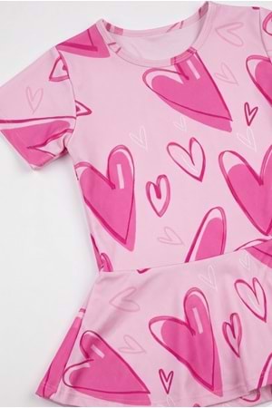 Kız Çocuk Desenli Mayo Takımı - Bone ve Şort Dahil Üçlü Deniz ve Havuz Mayosu M00814