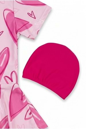 Kız Çocuk Desenli Mayo Takımı - Bone ve Şort Dahil Üçlü Deniz ve Havuz Mayosu M00814