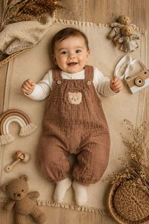 Ayıcık Detaylı %100 Pamuk Müslin Erkek Bebek Tulum M00847