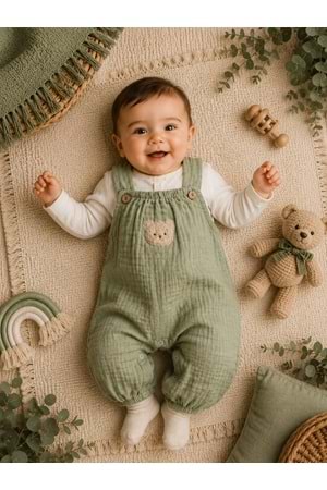 Ayıcık Detaylı %100 Pamuk Müslin Erkek Bebek Tulum M00847