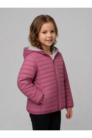 Kız Çocuk Kapüşonlu İçi Polarlı Fermuarlı Şişme Mont M00859
