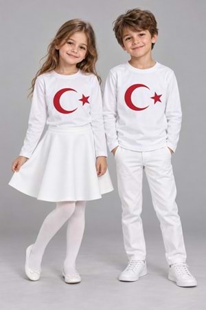 Türk Bayrağı Baskılı 23 Nisan Tören Tişörtü - Çocuk Uzun Kollu Pamuklu Penye M00876