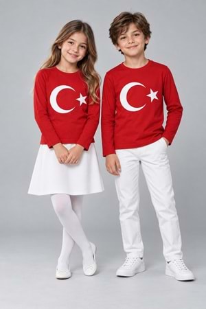 Türk Bayrağı Baskılı 23 Nisan Tören Tişörtü - Çocuk Uzun Kollu Pamuklu Penye M00876