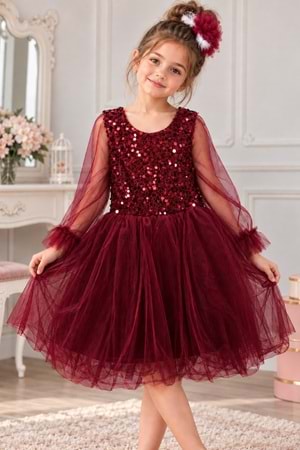 Pul Payet Tüllü Kız Çocuk Elbise MNK0285