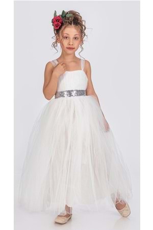 Sırt Gipeli Tütü Etek Kız Çocuk Saten Parti Abiye Elbise MNK0340