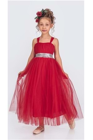 Sırt Gipeli Tütü Etek Kız Çocuk Saten Parti Abiye Elbise MNK0340