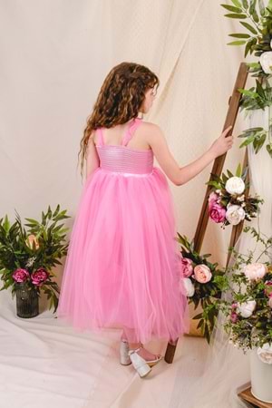 Sırt Gipeli Tütü Etek Kız Çocuk Saten Parti Abiye Elbise MNK0340