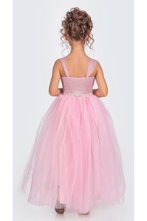 Sırt Gipeli Tütü Etek Kız Çocuk Saten Parti Abiye Elbise MNK0340