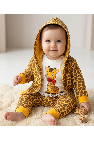 Zürafa Desen Penye Pantolon , Hırka, Badili 3lü Bebek Takım MNK0366