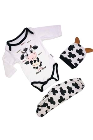 Sevimli İnek Motif Penye Unisex Şapkalı Badili 3lü Bebek Takımı
