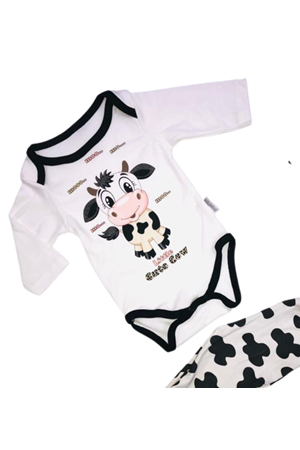 Sevimli İnek Motif Penye Unisex Şapkalı Badili 3lü Bebek Takımı