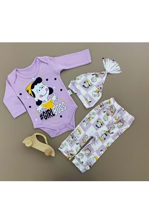 Penye Kukuleta Şapkalı Badili 3lü Bebek Takımı Mnk0371