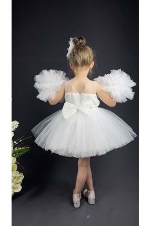 Şifon Robalı Ponpon Kol Pul Payetli Kız Çocuk Kabarık Etek Tütülü Abiye