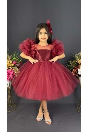 Şifon Robalı Ponpon Kol Pul Payetli Kız Çocuk Kabarık Etek Tütülü Abiye
