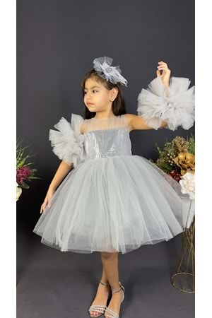 Şifon Robalı Ponpon Kol Pul Payetli Kız Çocuk Kabarık Etek Tütülü Abiye