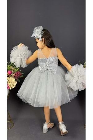 Şifon Robalı Ponpon Kol Pul Payetli Kız Çocuk Kabarık Etek Tütülü Abiye