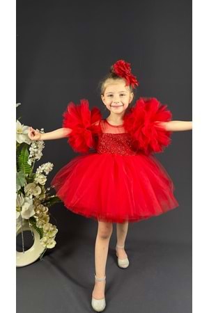 Şifon Robalı Ponpon Kol Pul Payetli Kız Çocuk Kabarık Etek Tütülü Abiye