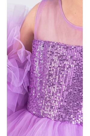 Şifon Robalı Ponpon Kol Pul Payetli Kız Çocuk Kabarık Etek Tütülü Abiye