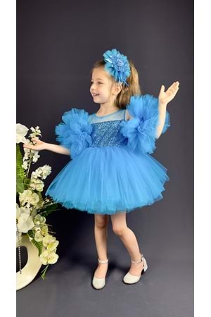 Şifon Robalı Ponpon Kol Pul Payetli Kız Çocuk Kabarık Etek Tütülü Abiye