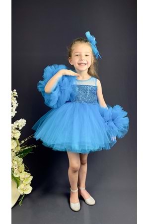 Şifon Robalı Ponpon Kol Pul Payetli Kız Çocuk Kabarık Etek Tütülü Abiye