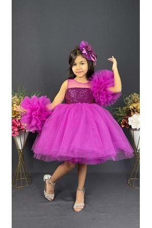 Şifon Robalı Ponpon Kol Pul Payetli Kız Çocuk Kabarık Etek Tütülü Abiye