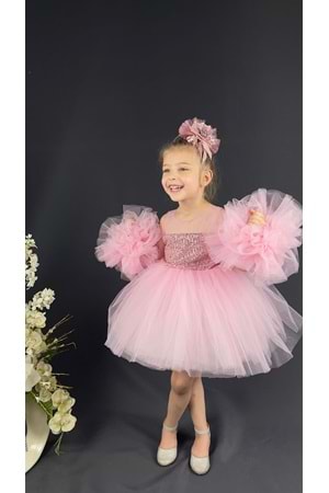 Şifon Robalı Ponpon Kol Pul Payetli Kız Çocuk Kabarık Etek Tütülü Abiye MNK0378