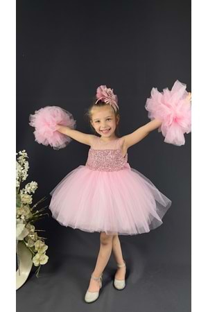 Şifon Robalı Ponpon Kol Pul Payetli Kız Çocuk Kabarık Etek Tütülü Abiye MNK0378