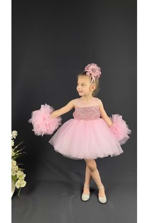 Şifon Robalı Ponpon Kol Pul Payetli Kız Çocuk Kabarık Etek Tütülü Abiye MNK0378