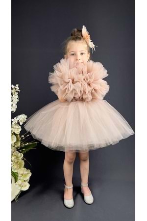 Şifon Robalı Ponpon Kol Pul Payetli Kız Çocuk Kabarık Etek Tütülü Abiye