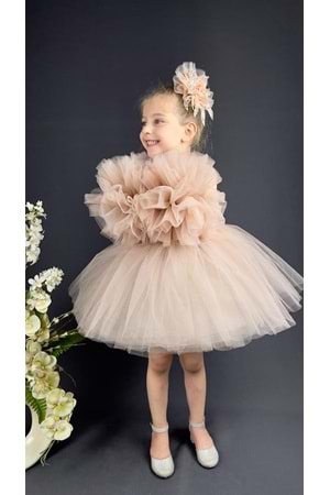 Şifon Robalı Ponpon Kol Pul Payetli Kız Çocuk Kabarık Etek Tütülü Abiye