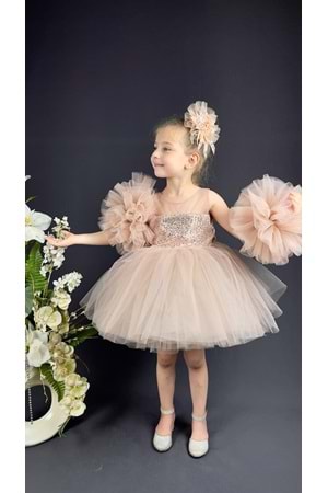 Şifon Robalı Ponpon Kol Pul Payetli Kız Çocuk Kabarık Etek Tütülü Abiye