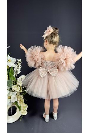 Şifon Robalı Ponpon Kol Pul Payetli Kız Çocuk Kabarık Etek Tütülü Abiye