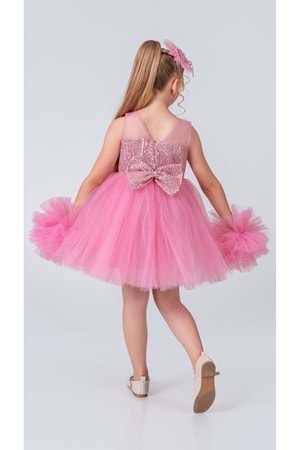 Şifon Robalı Ponpon Kol Pul Payetli Kız Çocuk Kabarık Etek Tütülü Abiye