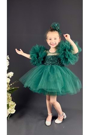 Şifon Robalı Ponpon Kol Pul Payetli Kız Çocuk Kabarık Etek Tütülü Abiye