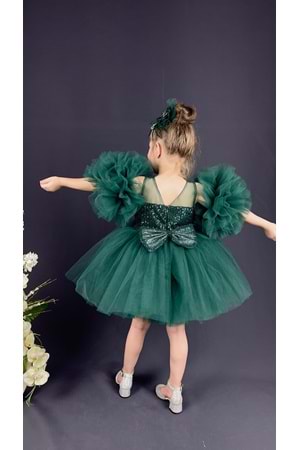 Şifon Robalı Ponpon Kol Pul Payetli Kız Çocuk Kabarık Etek Tütülü Abiye