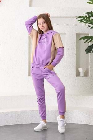 Bel Lastikli Likralı Kapşonlu Kız Çocuk Eşofman Takım