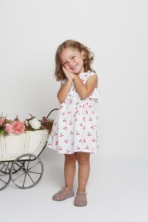 Meyve Baskılı Pamuklu Terikoton Kol Fisto Detay Kız Çocuk Yazlık Elbise MNK0406