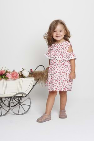 Meyve Baskılı Pamuklu Terikoton Kol Fisto Detay Kız Çocuk Yazlık Elbise MNK0406