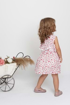 Meyve Baskılı Pamuklu Terikoton Kol Fisto Detay Kız Çocuk Yazlık Elbise MNK0406