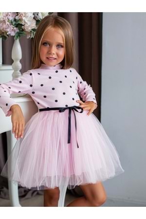 Kız Puantiyeli Tütülü Günlük Elbise MNK0416